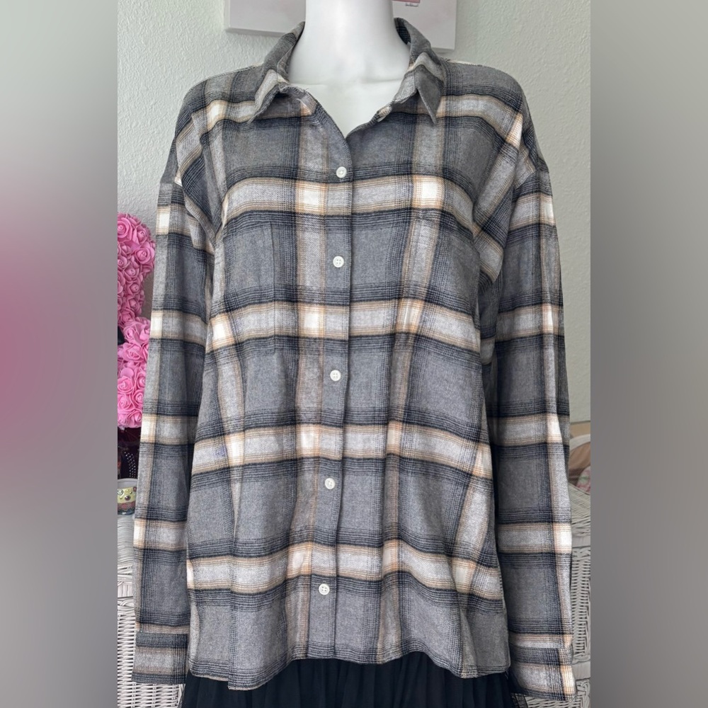 Old Navy Boyfriend Shirt Cotton Button Down Window Pane Print Size XXL TALL NWT